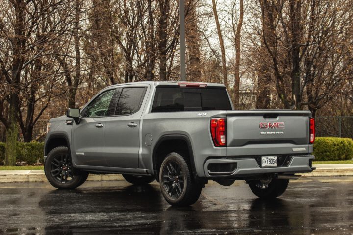 Rear three quarters view of the GMC Sierra.
