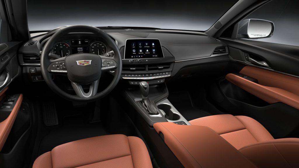 2020 Cadillac CT4 with 8-speed automatic shifter and console-mounted infotainment controls