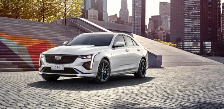 Front three quarters view of the 2020 Cadillac CT4. 