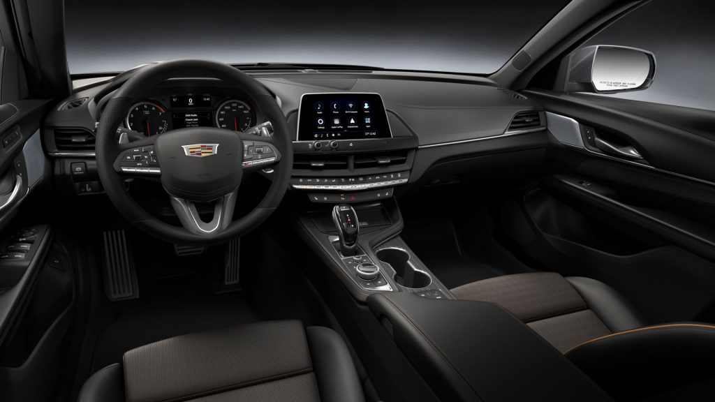 2020 Cadillac CT4-V with 10-speed automatic shifter, Electronic Precision Shift, and console-mounted infotainment controls