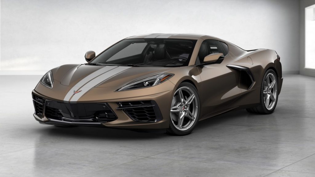 2020 Chevrolet Corvette C8 with Zeus Bronze paint and Sterling Silver Racing Stripe. New 5DG wheel option not pictured.