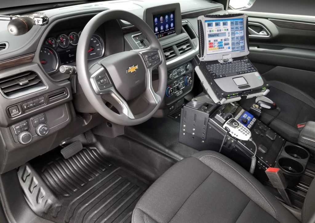 Cockpit view of the 2021 Chevy Tahoe Police Vehicle.