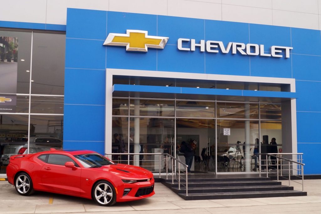 The main entrance of a Chevy dealership.