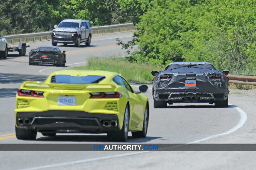 C8 Corvette Z06 prototype with center-exit exhaust followed by C8 Stingray with regular exhaust