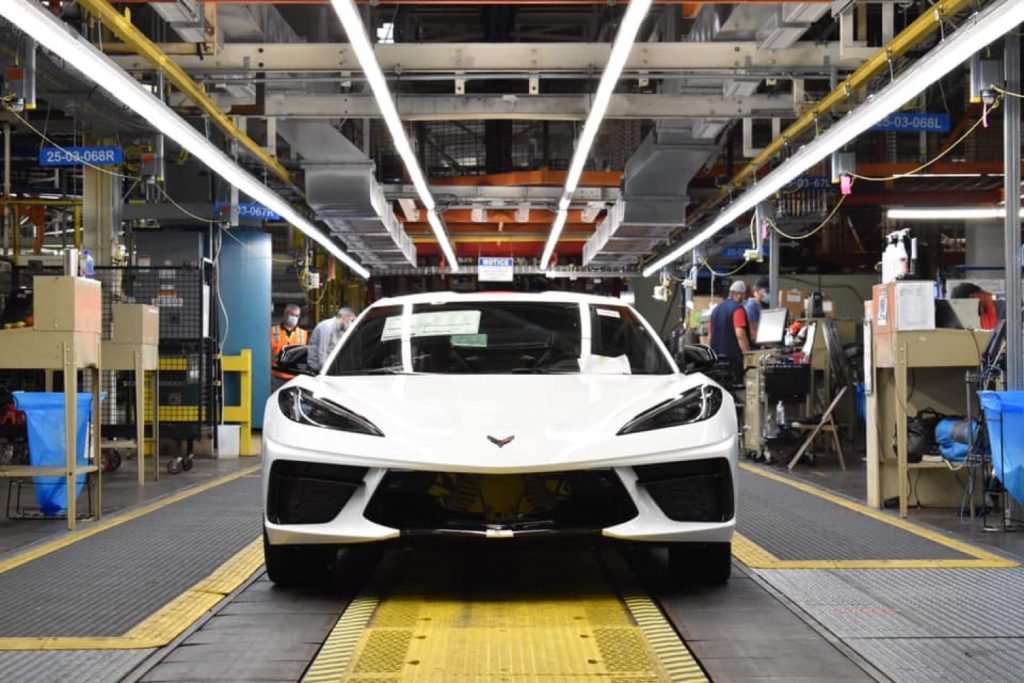 A Corvette C8 rolls off the production line in Kentucky.