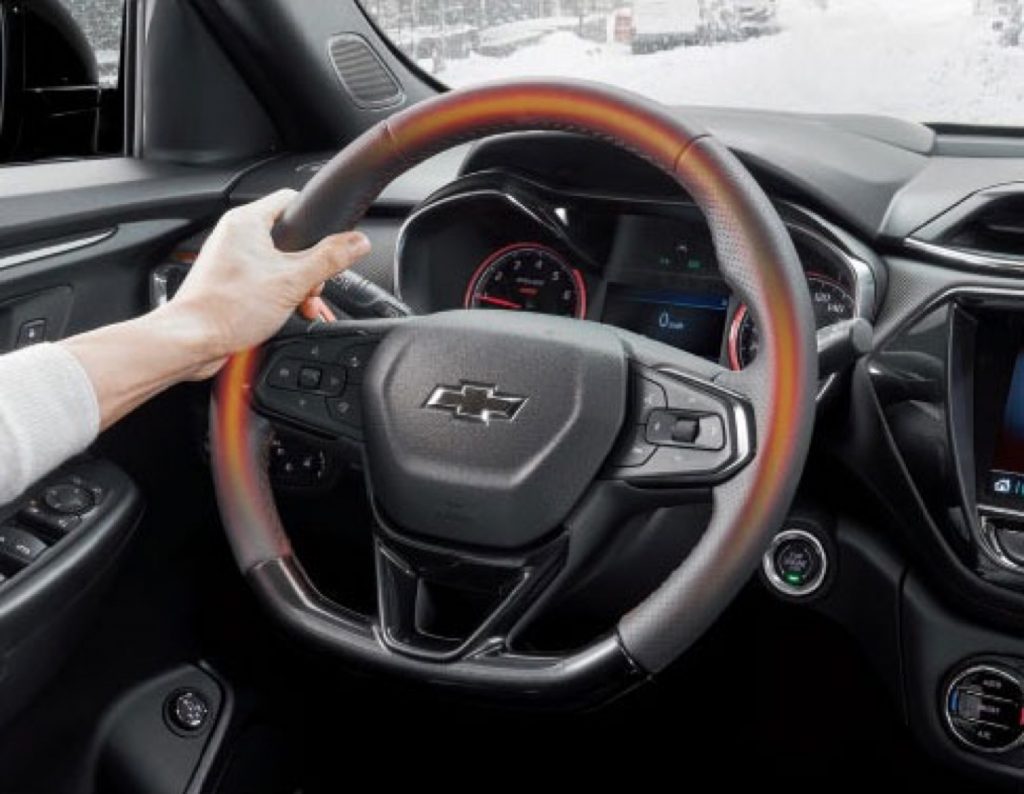 A heated steering wheel in the 2021 Chevy Trailblazer, a possible subscription offering for many models.