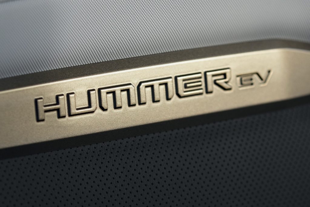 Front seat logo on the 2022 GMC Hummer EV Pickup.