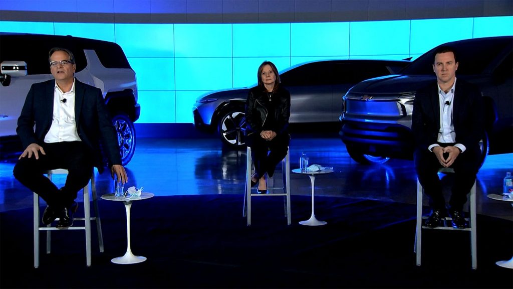 GM CEO Mary Barra (center) during the Barclays 2020 Global Automotive Conference.