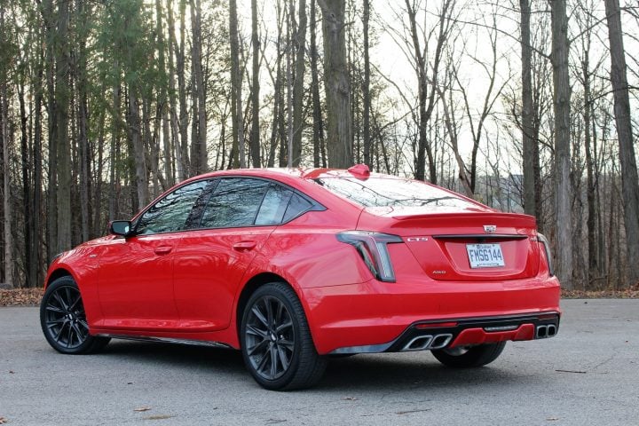 Rear three quarters view of the 2020 Cadillac CT5-V. 