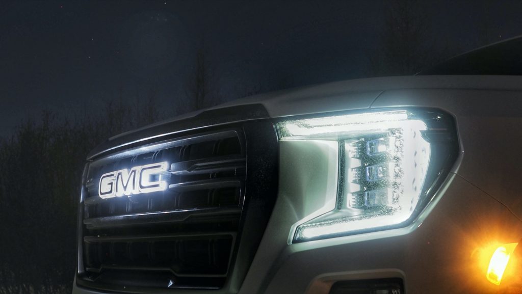 Illuminated GMC emblem on 2021 GMC Yukon.