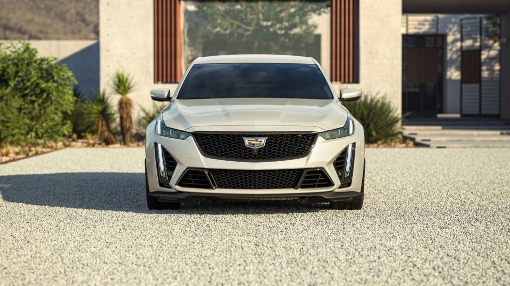The front end of the 2023 Cadillac CT5-V Blackwing in Rift Metallic paint.