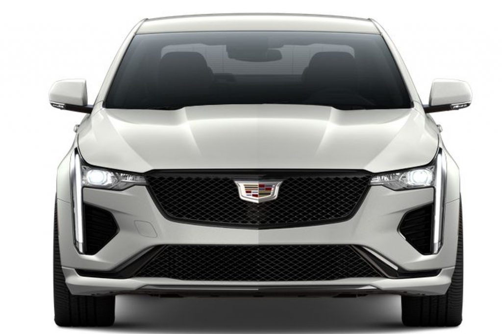 The front end of the Cadillac CT4-V in Rift Metallic paint.