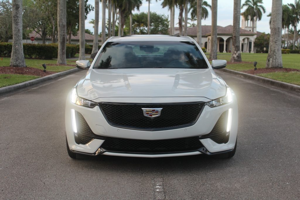 The front end of the Cadillac CT5-V in Rift Metallic paint.