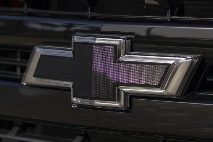 The Chevy emblem on the Chevy Silverado grille.