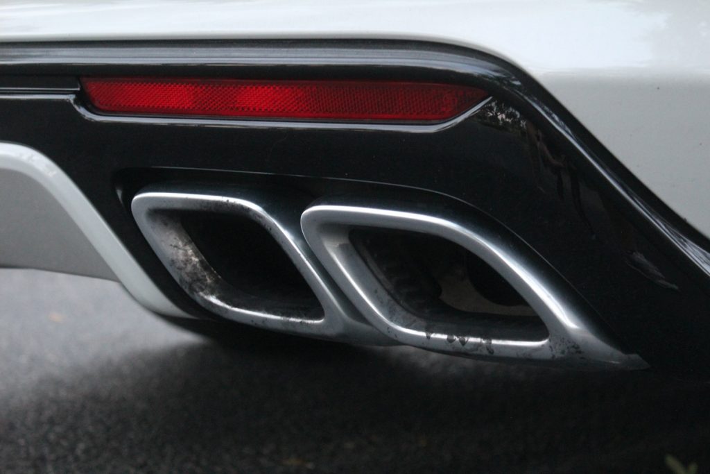 A close-up photo of the 2021 Cadillac CT5-V's exhaust tips, which features dual-mode exhaust.