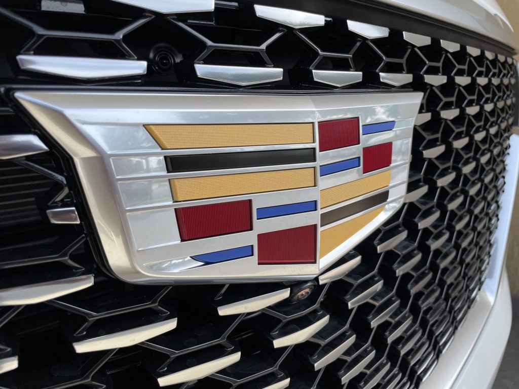 The Cadillac badge on the 2021 Escalade grille.