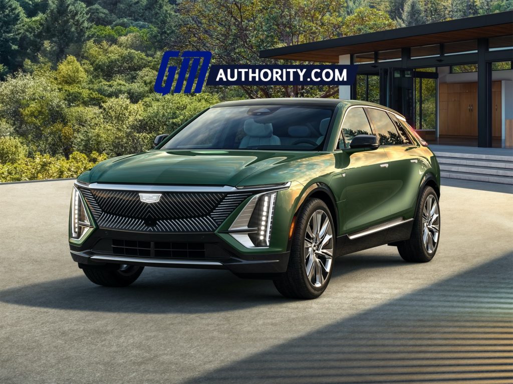 2023 Cadillac Lyriq Exterior Green Color Rendering Front Three Quarter GMA 1024x768 