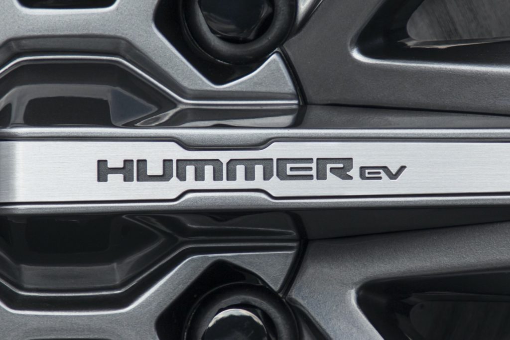 The Hummer EV logo on the GMC Hummer EV SUV wheel.