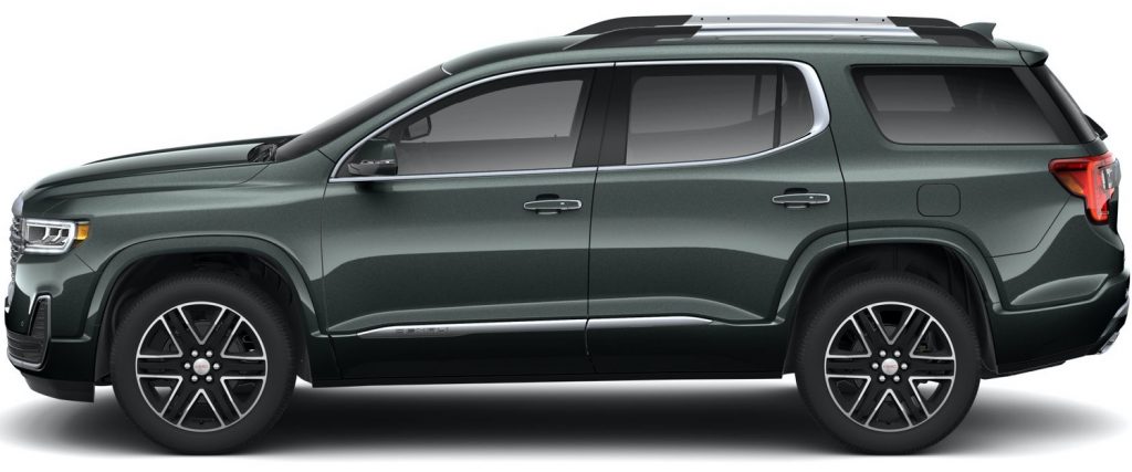 Side view of the 2021 GMC Acadia in Hunter Metallic, recently removed from 2023 GMC Acadia availability.