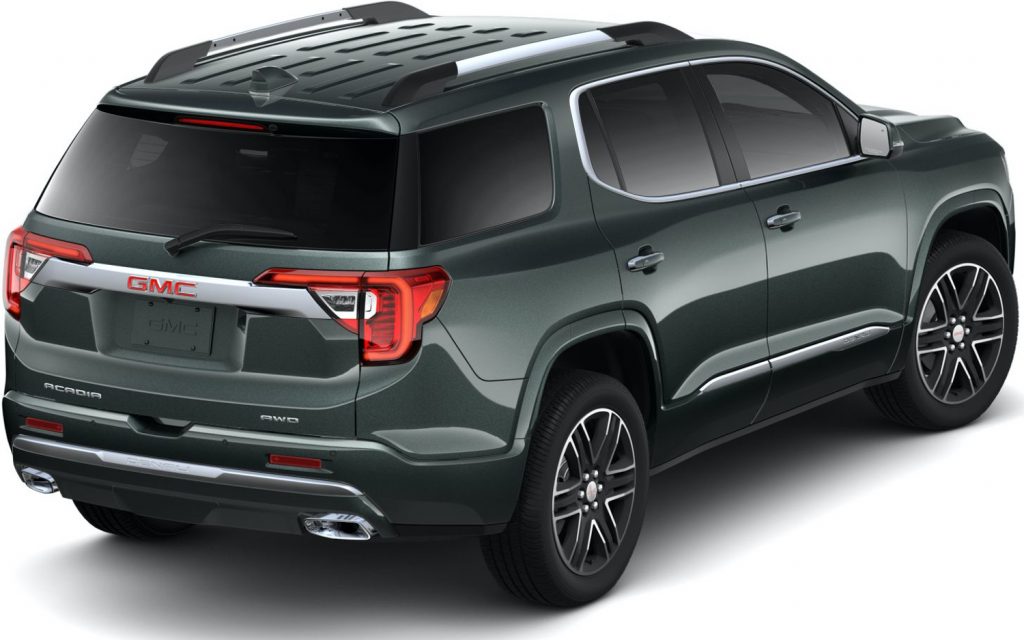 Rear three quarters view of the 2021 GMC Acadia in Hunter Metallic, recently removed from 2023 GMC Acadia availability.