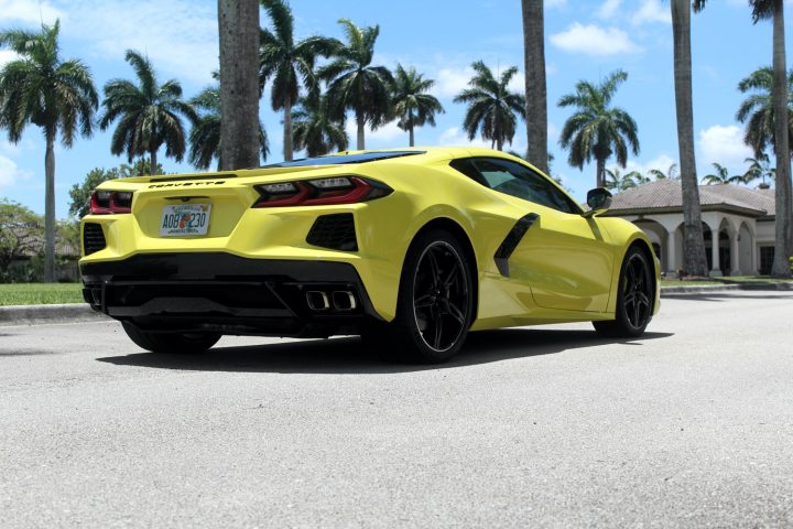 Rear three quarters view of the Chevy Corvette.