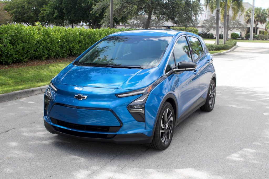 2022 Chevrolet Bolt EV 2LT Bright Blue Metallic GMA Garage Exterior 002 front three quarters