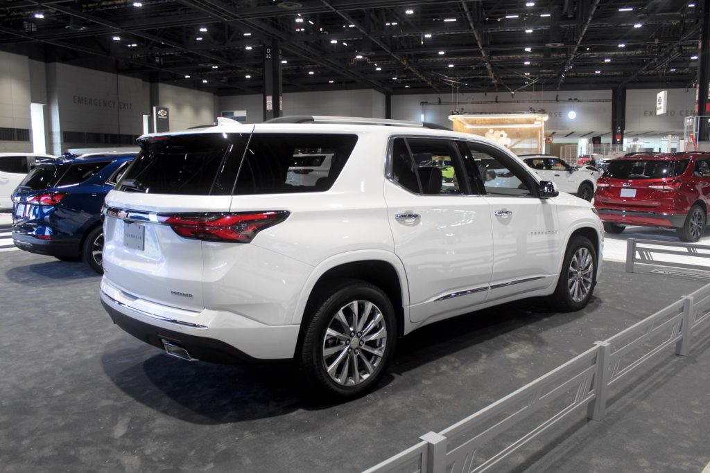 Rear three quarters view of the 2023 Chevy Traverse (same generation).