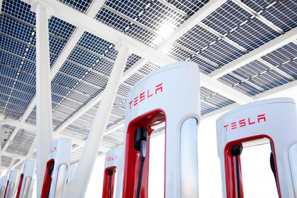 A Tesla Supercharger station.