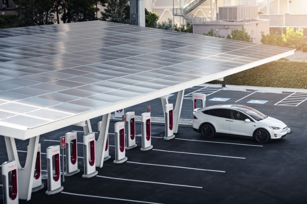 A Tesla Supercharger station.