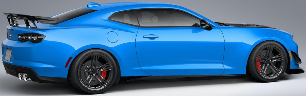 Side view of the 2023 Chevy Camaro ZL1 in Rapid Blue paint.