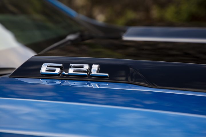 GM 6.2L V8 L87 hood badge on a Chevy Silverado 1500.