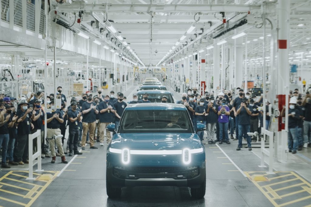 The production line of the Rivian R1T truck.