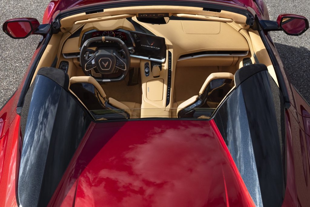 Overhead cabin interior view of the 2023 Chevy Corvette.