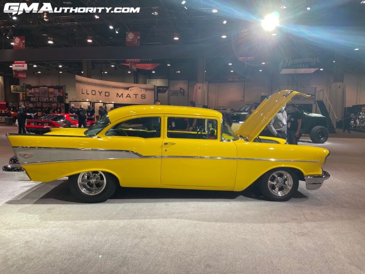 A side view of a modified 1957 Chevy Bel Air.