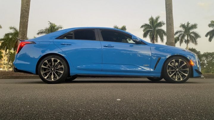 Low angle, side profile of Cadillac CT4-V Blackwing.