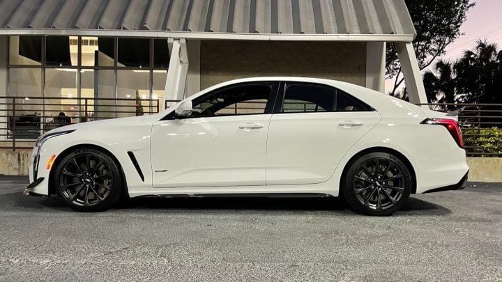 Side profile of Cadillac CT-V Blackwing. In March 2025, Cadillac CT4 deals include low-interest financing.
