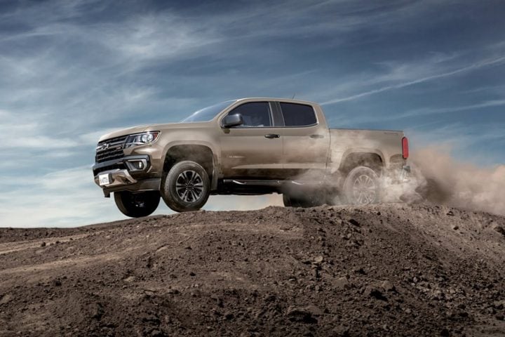 Side front three quarters view of the 2021 Chevy Colorado. 