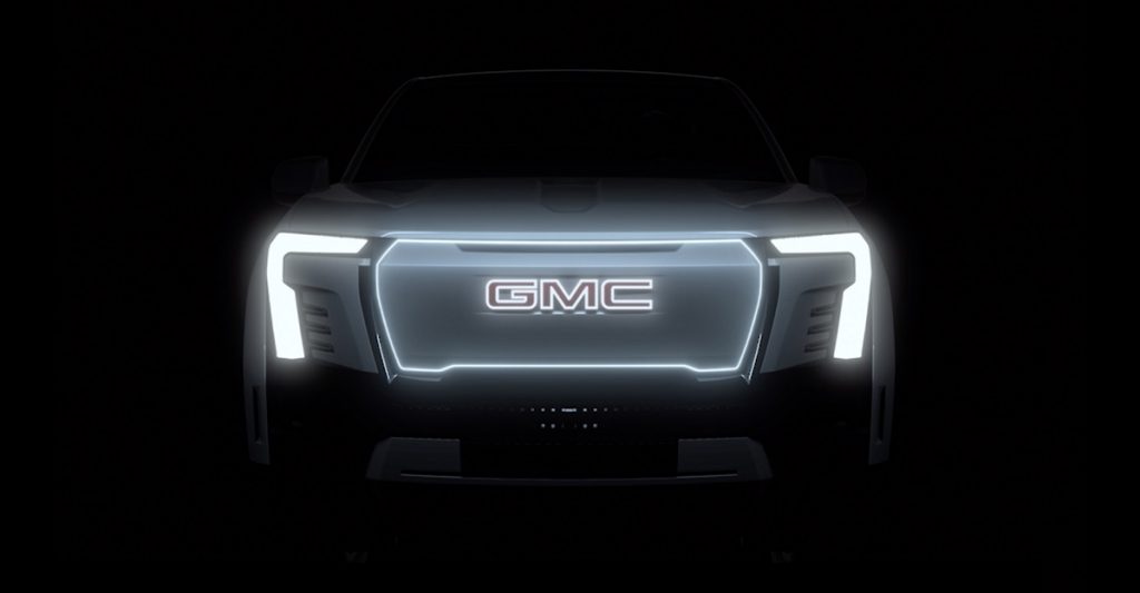 A teaser image of the upcoming GMC Sierra EV.