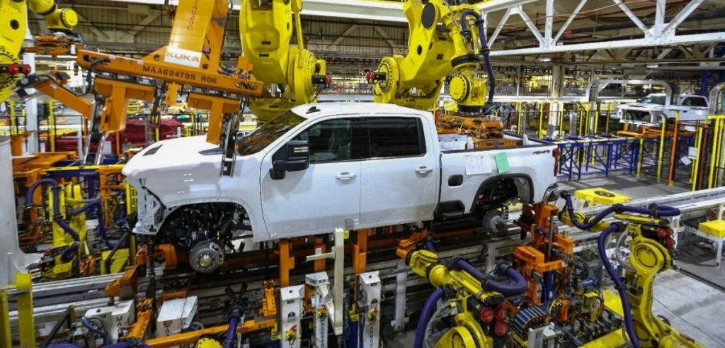 A 2022 Chevy Silverado HD being produced at GM's Oshawa Assembly.