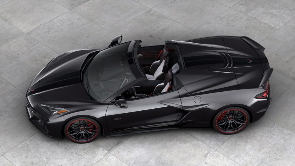 Top side view of the 2023 Chevy Corvette Z06 in Carbon Flash Metallic..
