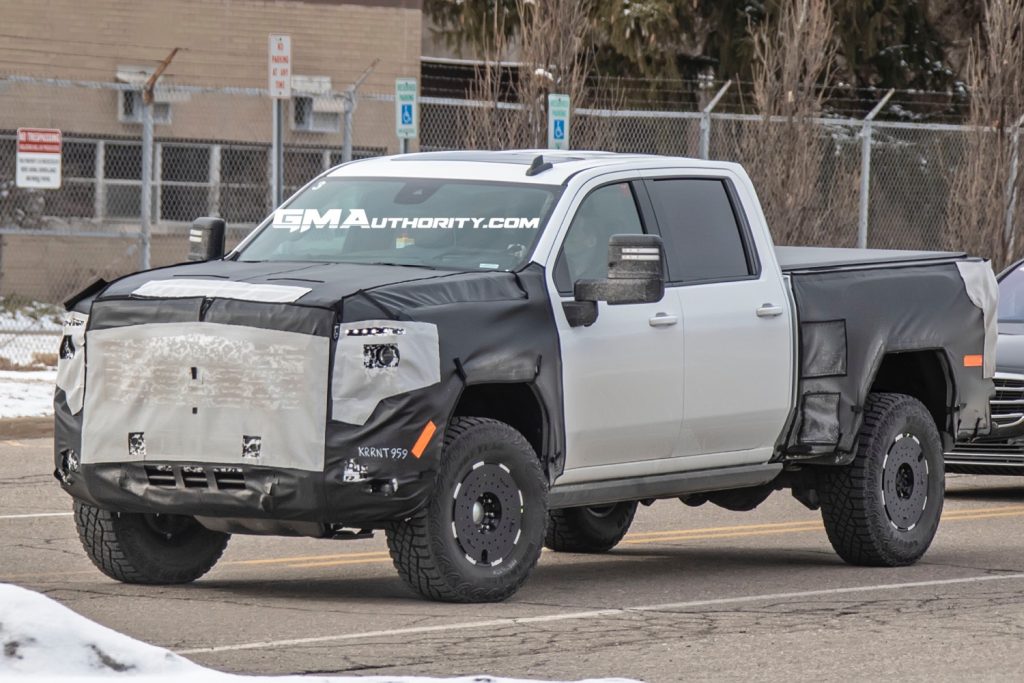 Prototype of upcoming 2024 GMC Sierra HD AT4X undergoing testing in March 2022.