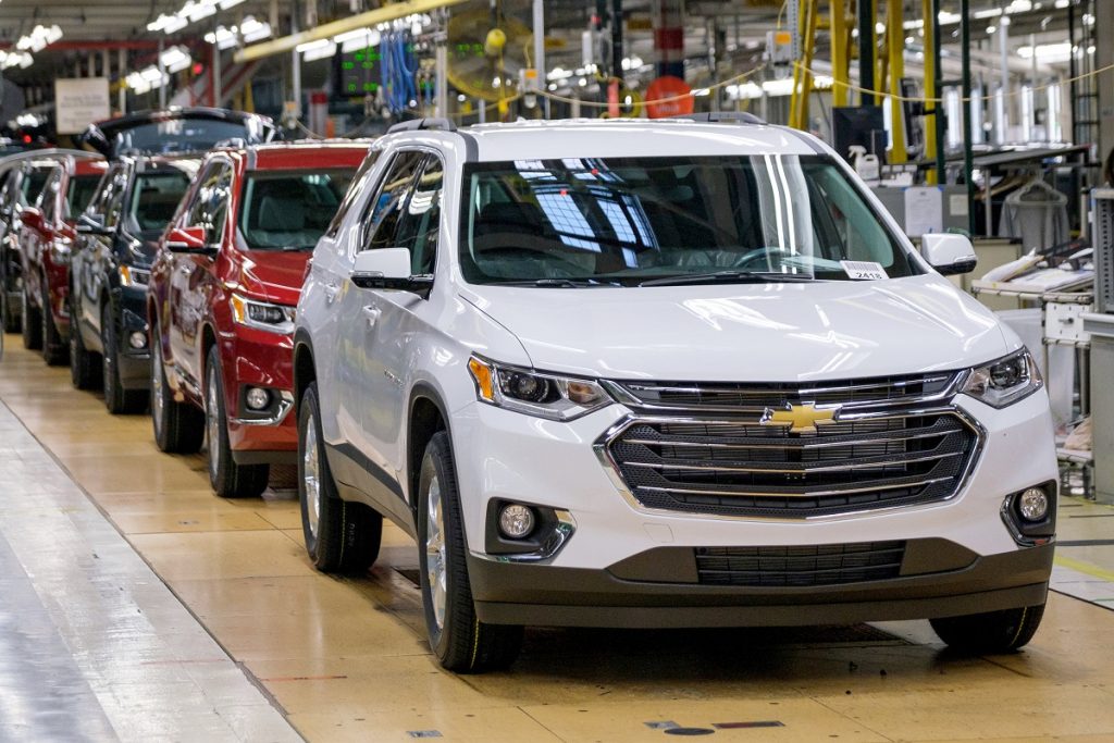 Photo of Chevy Traverse going down the production line at the GM Lansing Delta Township plant.