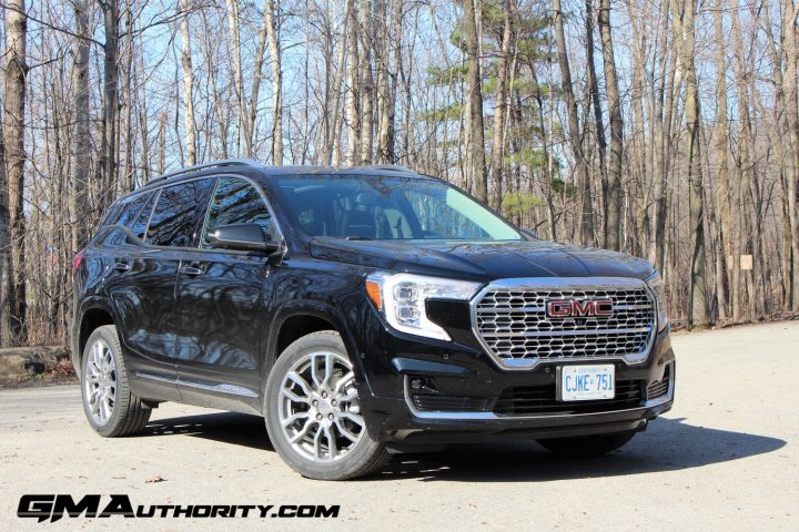 Front three quarters view of a 2022 GMC Terrain crossover in Canada. 