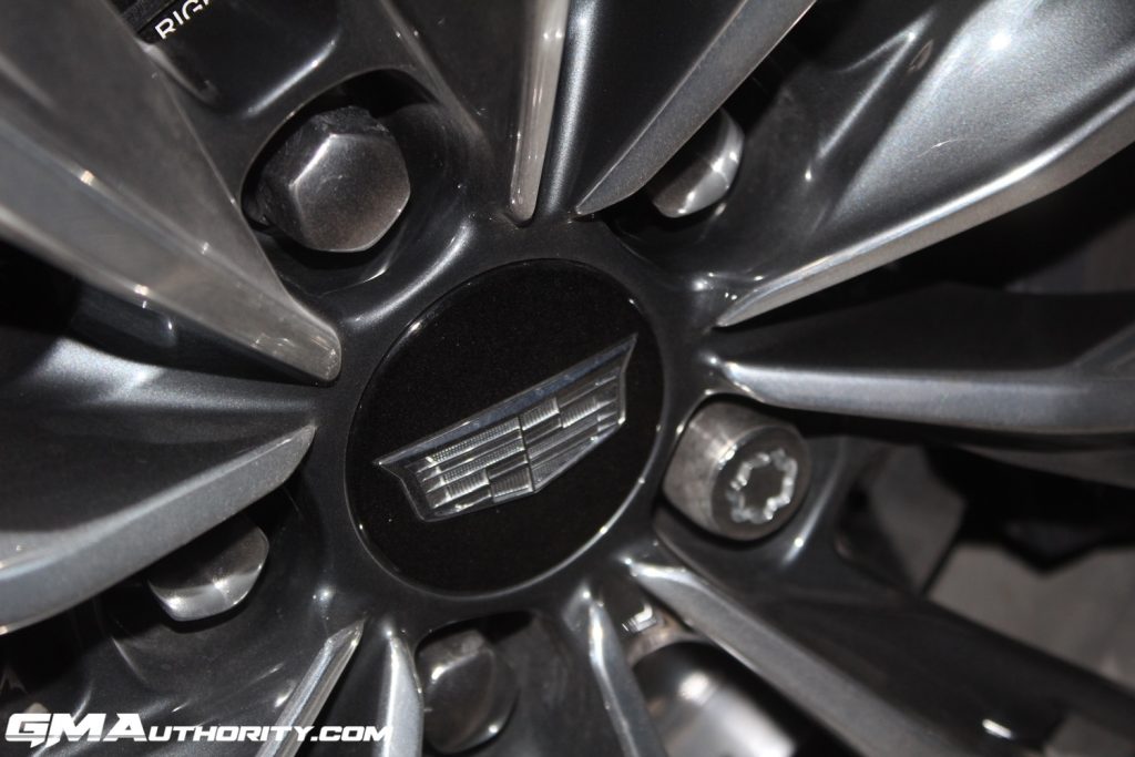 The Cadillac logo on the wheel of a Cadillac CT5-V Blackwing.