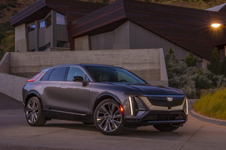 Front-three-quarter view of Cadillac Lyriq, a GM product.