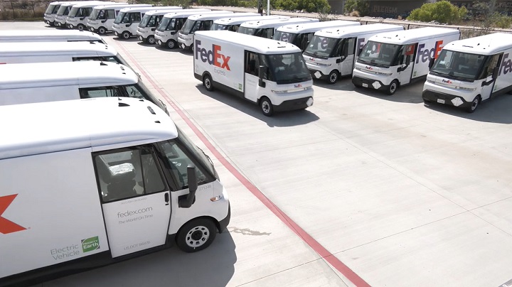 A lot full of BrightDrop Zevo 600 light commercial EV vans in FedEx livery.