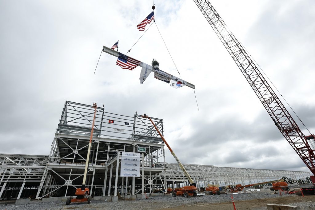 Steel structure being completed at the Ultium Cells Spring Hill plant in June 2022.