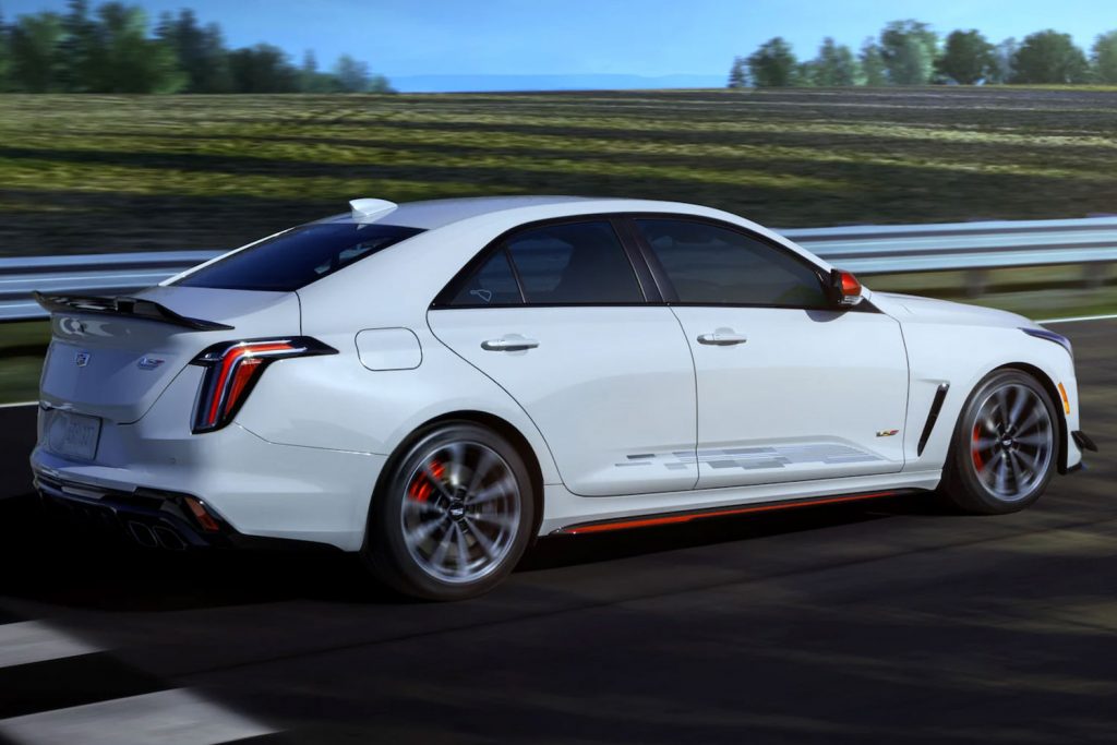 The 2023 Cadillac CT4-V Blackwing Road Atlanta IMSA Edition, offered exclusively in Rift Metallic paint.