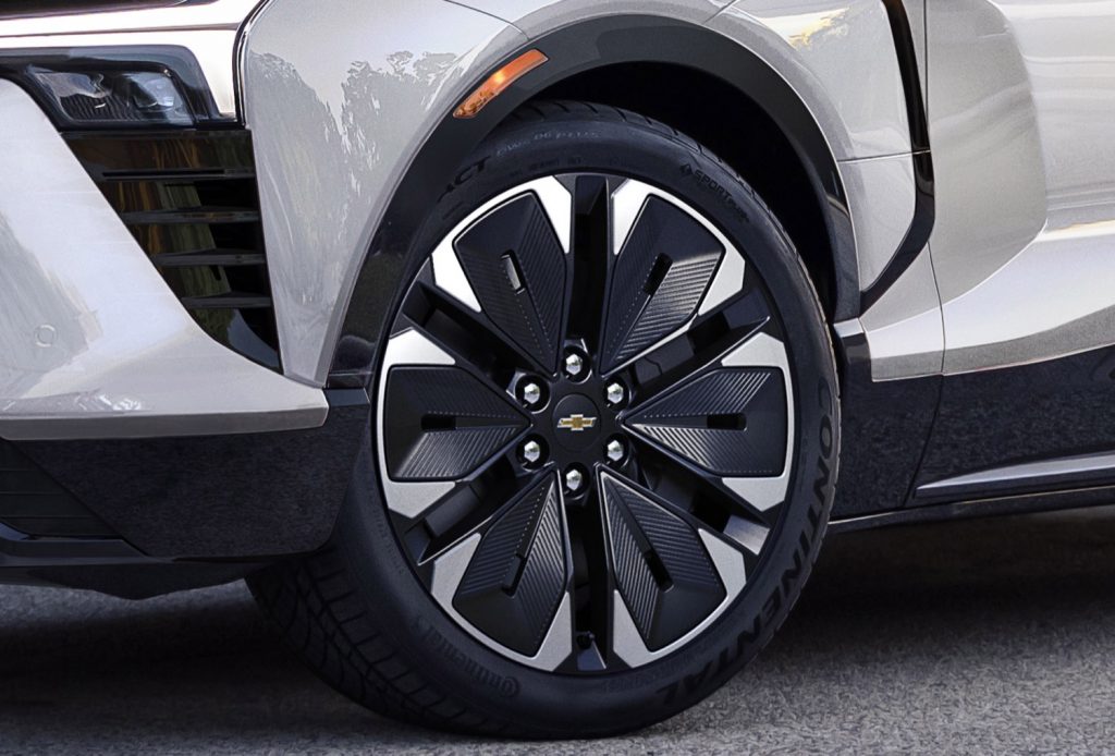 The front wheel of the 2024 Chevy Blazer EV RS.