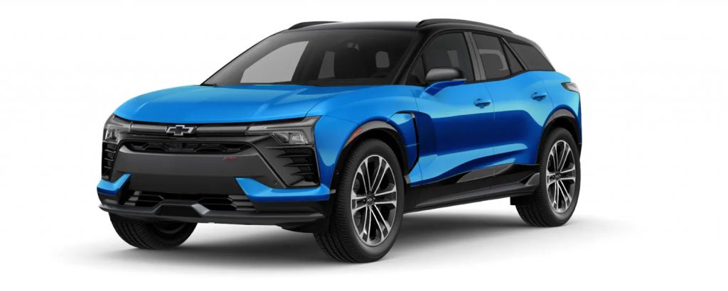 The 2024 Chevy Blazer will be available with the new Riptide Blue paint color, as shown here on the Blazer EV.